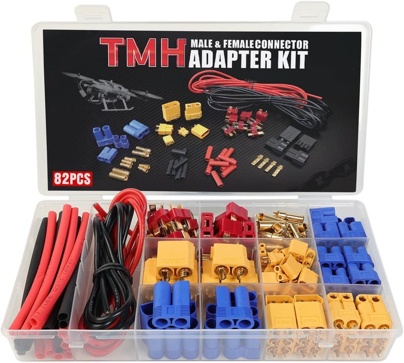 TMH 82 Pcs T-Plug EC3 EC5 XT30 XT60 XT90 Male & Female Plug Adapter Connector with Silicone Wire + Heat Shrink Tube for RC ESC Lipo Battery Motor Accessories (82 PCS) - Image 1
